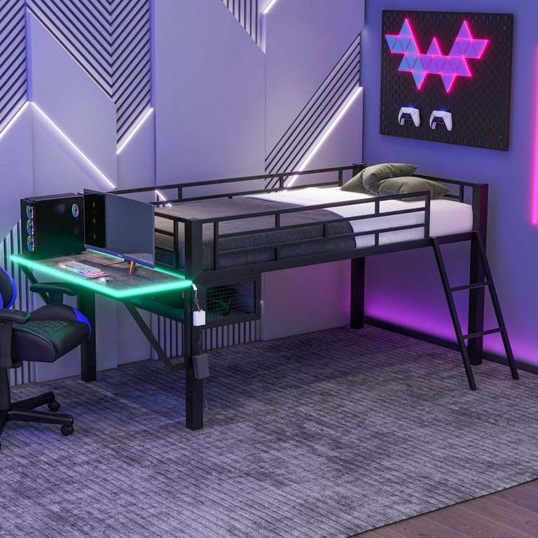 Twin Gaming Single Mid Loft Bed with Desk and LED Light for Teens Metal Loft Bed Frame with Ladder Guardrail Space Saving Loft Bed Frame for Boys