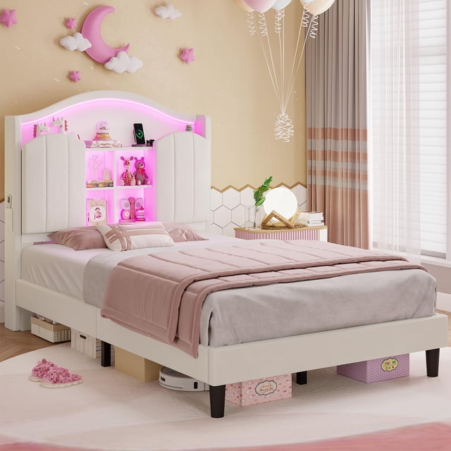 Twin Girl Bed With LED Lights Charging Station Platform Twin Size twin-girl-bed-with-led-lights-charging-station-platform-twin-size