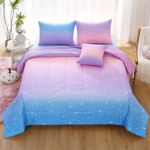 Twin Girls Comforter Set,6 Piece Bed in A Bag 3D Purple Orange Glitter Bedding Set -All Season Microfiber Rainbow Bedding Sets for Girls Women