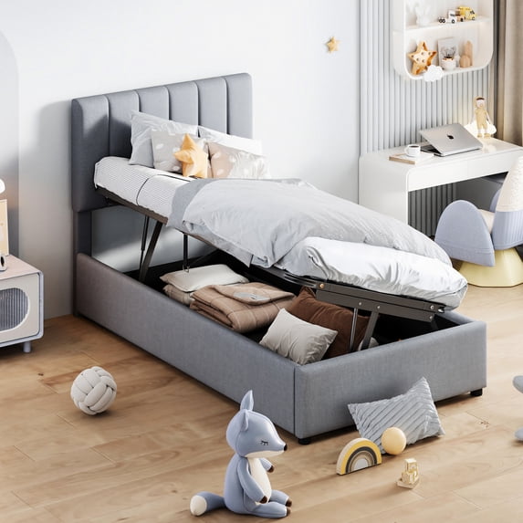 Twin Gray Bed with Hydraulic System for Storage / Maximize Bedroom Space and Add a Modern Touch