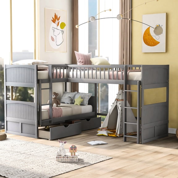 Twin Gray Bunk and Loft Bed with Storage / Fit in Room Corner and Sleep More