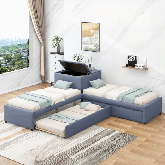 Twin Gray L-shaped Upholstered Platform Bed - Features Trundle, 2 Drawers & Built-in Desk - Convertible Design!