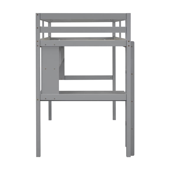 Twin Grey Pine Loft Bed with Desk & Shelves, 65" High Study Space, Safety Guardrail & Ladder, Perfect for Bedroom Study Nook