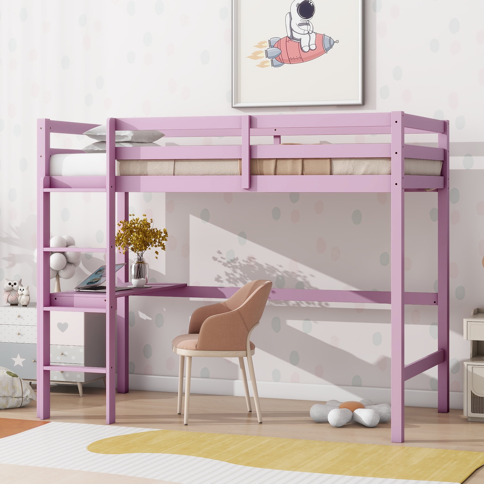 Twin High Loft Bed, Rubber Wood Loft Bed With Safety Guardrail, Built-In Desk, Ladder, Pink