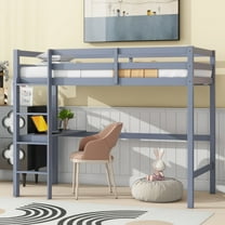 Twin High Loft Bed, Rubber Wood Loft Bed with Safety Guardrail, built-in desk, ladder,Grey