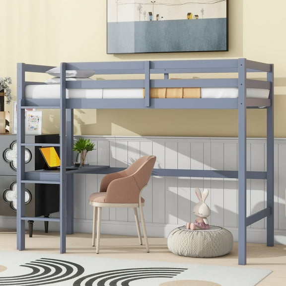 Twin High Loft Bed, Rubber Wood Loft Bed with Safety Guardrail, built-in desk, ladder,Grey