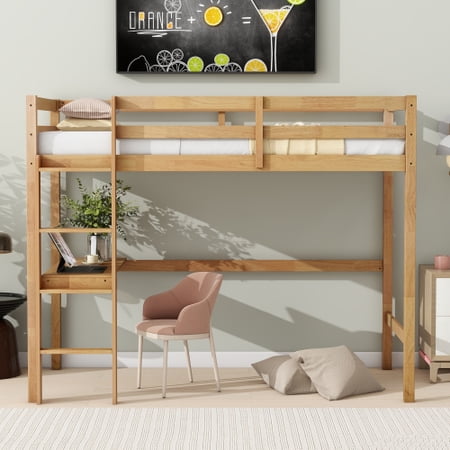 Twin High Loft Bed, Rubber Wood Loft Bed with Safety Guardrail, built-in desk, ladder,White Oak
