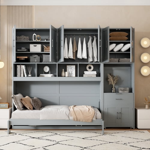 Twin Horizontal Murphy Bed with Desk and Wardrobe Closet,Wood Twin Folding Murphy Wall Bed with Storage Shelves Cabinets and Drawers for Adult (Grey)