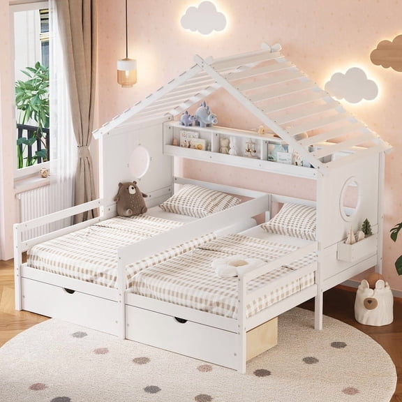 Twin House Bed 4 Bookcase Compartments and 2 Storage Drawers, Double Twin Beds in One