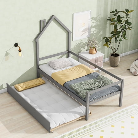 Twin House Bed Frame with Trundle, UHOMEPRO Solid Wood Daybed with House-Shaped Headboard and Guardrails, Twin Size Platform Bed Frame, No Box Spring Needed, Gray