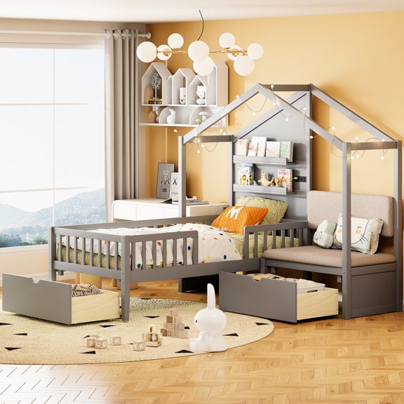 Twin House Bed, Gray Color, With Upholstered & High Wireless Charging Station, And Handy Storage Solutions Bed In Gray, Intelligent Charging, Useful Spaces