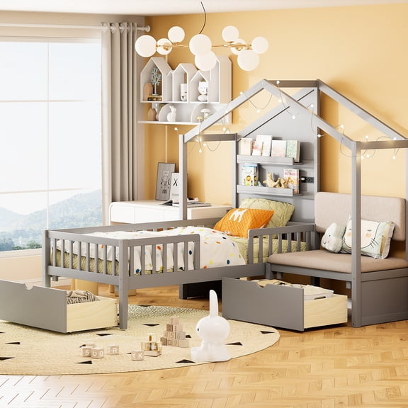 Twin House Bed In Gray, With Upholstered And Intelligent Wireless Charging Station, Useful Storage Spaces Bed, Gray Color, & State-of--art Practical Facilities