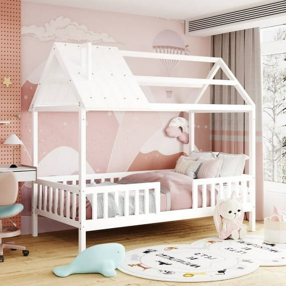 ARCTICSCORPION Kids House Bed with Roof and Fence Twin, White/Gray