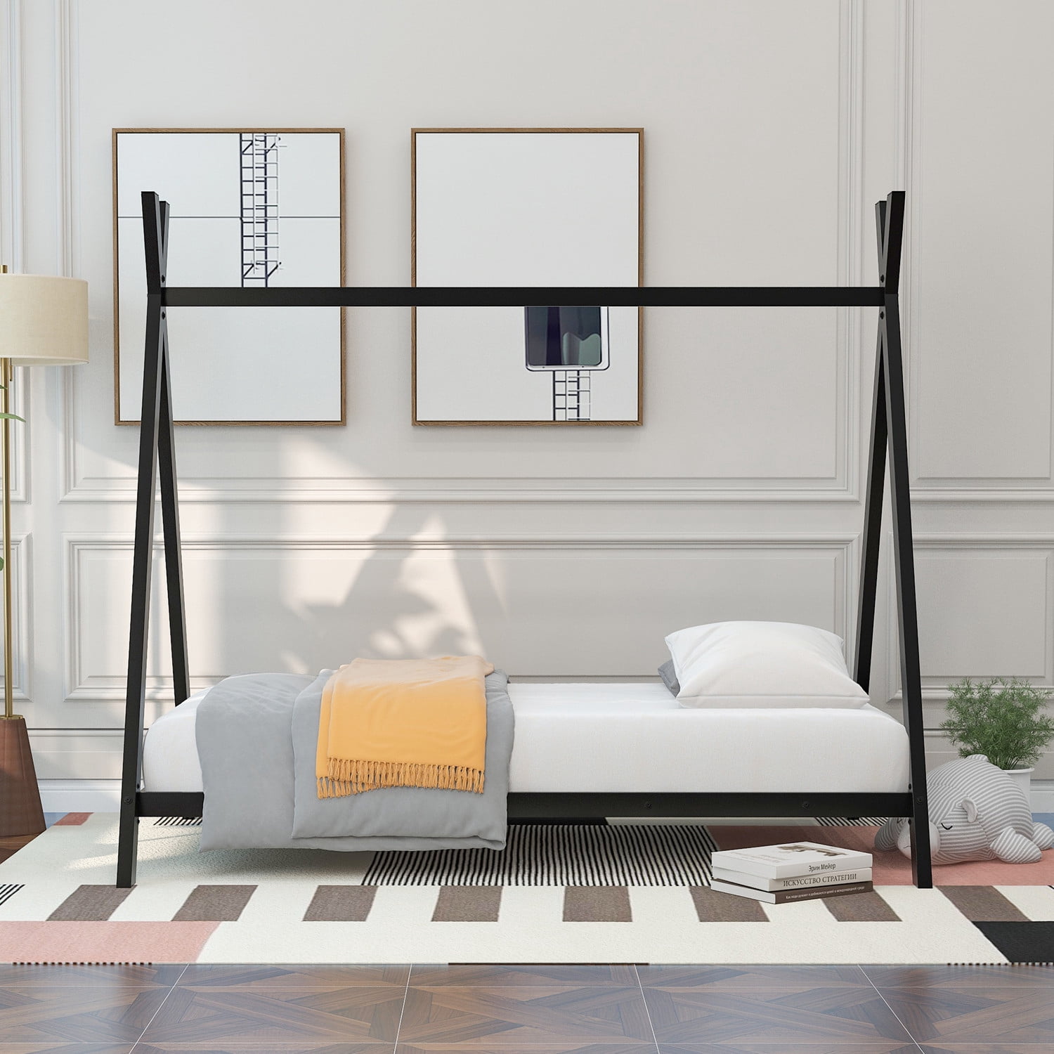Twin House Bed for Kids, House Bed with Triangle Structure, Metal ...
