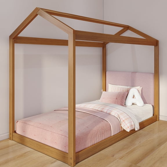 Twin House Bed Pecan + Floating Headboard for Bunks, Twin 945 x 535mm, Blush Pink