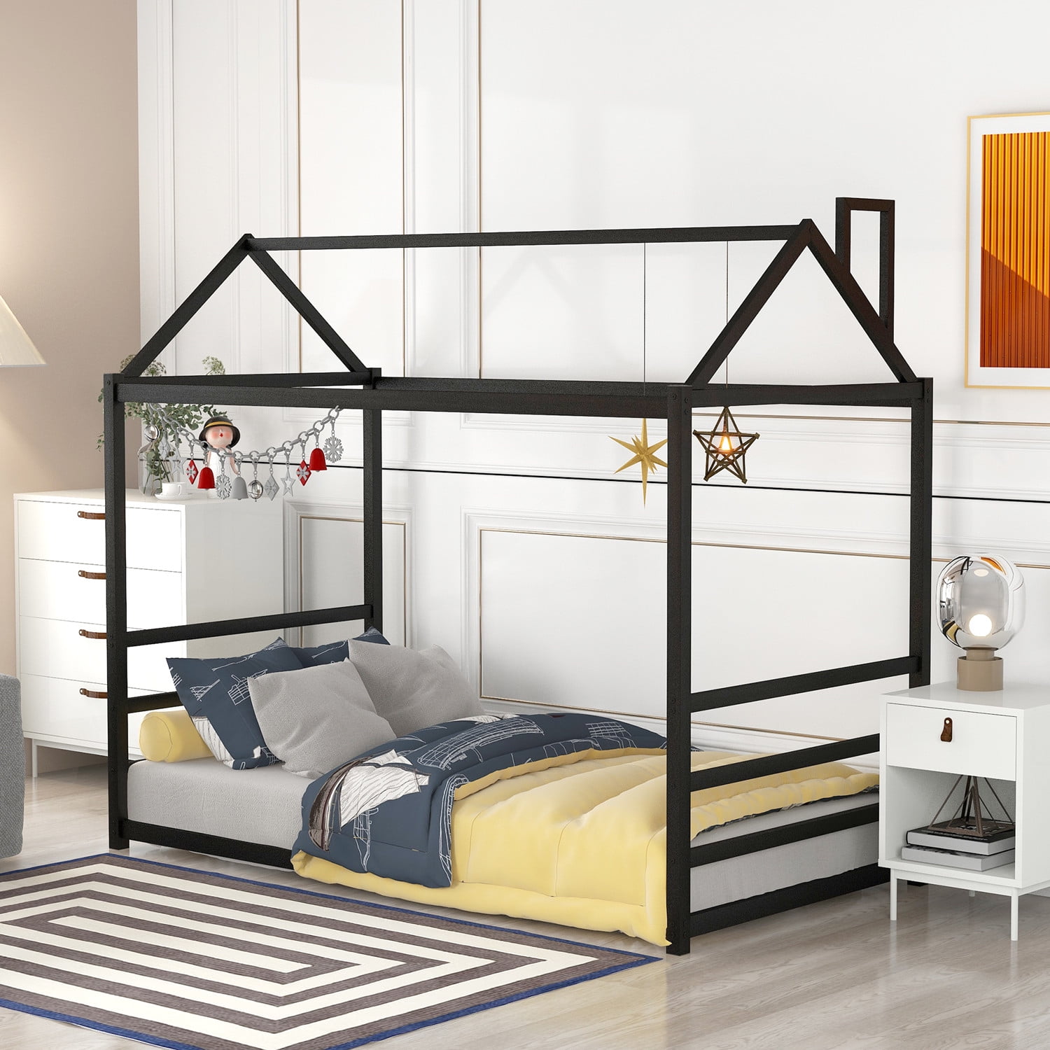 Twin House Bed with Roof and Chimney Design, House Platform Bed with Headboard and Footboard, Metal Floor Bed for Toddlers,Kids, Girls, Boys, Can Be