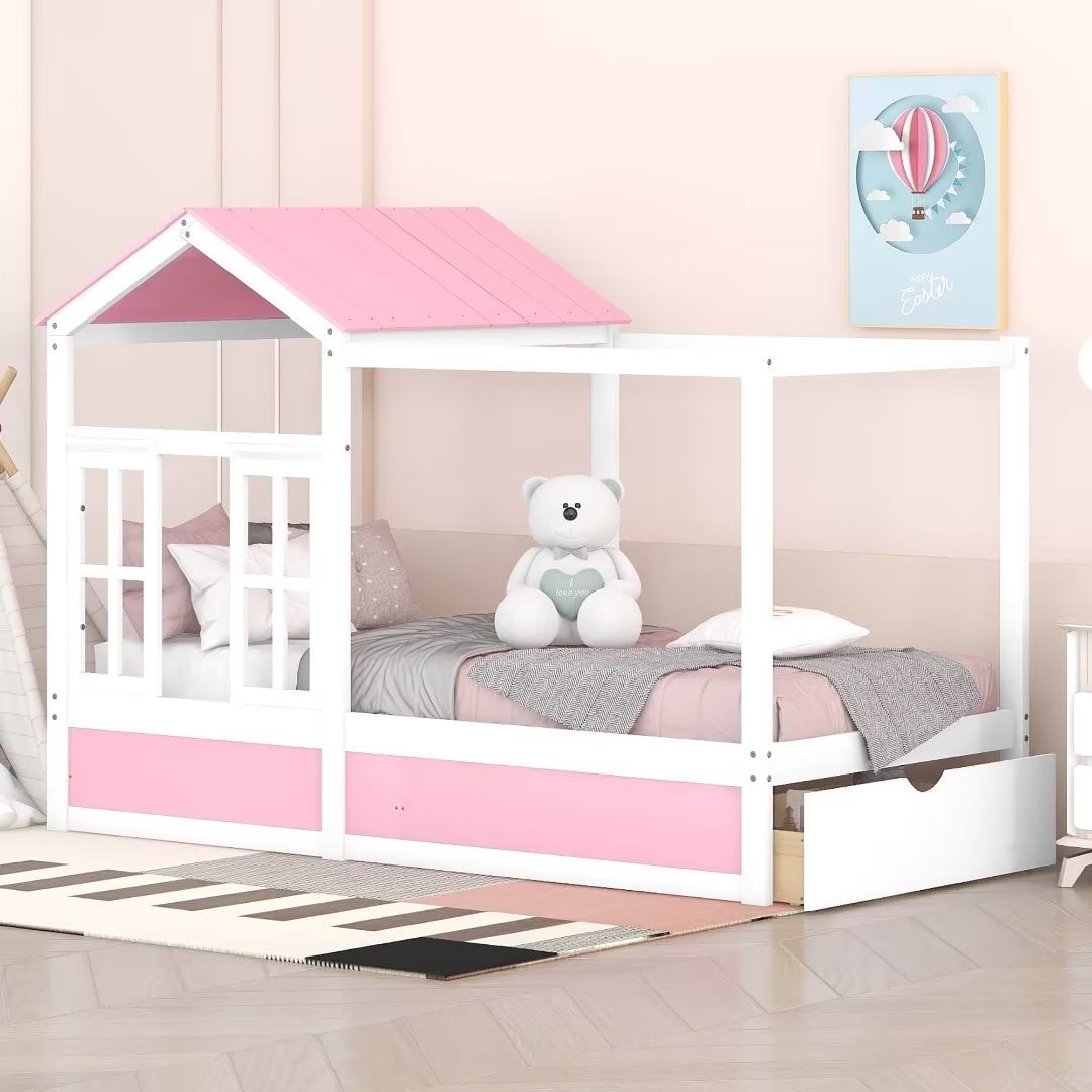 Twin House Bed, House Shaped Canopy Bed with Roof & Window, Twin