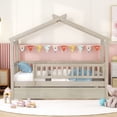 thumbnail image 1 of Twin House Bed with Trundle, Wooden Twin Platform Bed Frame with Fence and Roof, Tent Bed Floor Bed, Wood Playhouse Bed Trundle Bed for Bedroom, Dorm, Natural, 1 of 7