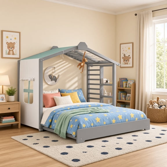 Twin House Bed with Twin Trundle & Side Shelves, Semi-Enclosed Tent with Roll-Up Curtains, Space-Saving Guest Bed with Pull-Out Sleeper for Apartment Shared Room, Gray