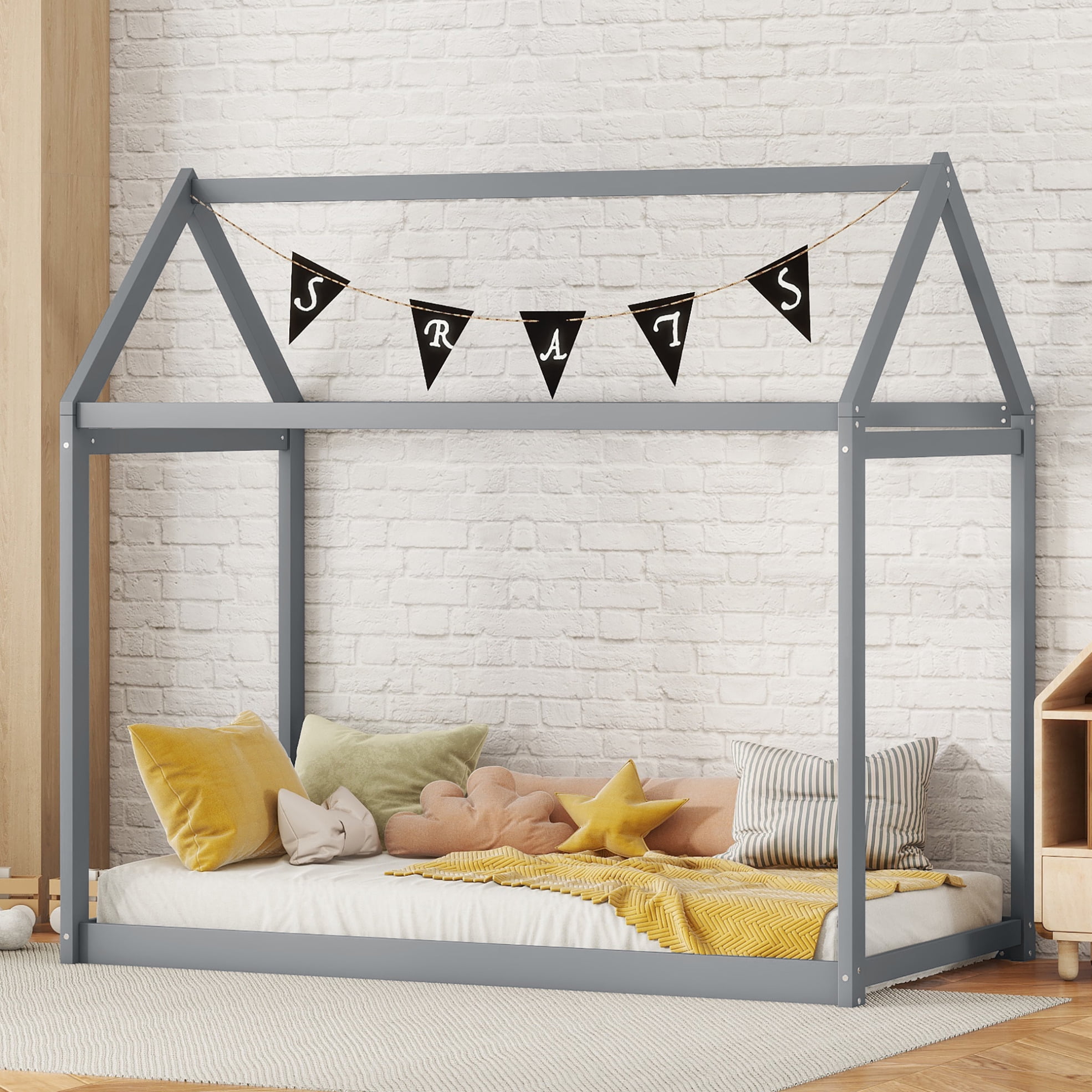 Twin House Bed, Wood Montessori Bed Frame with House Roof Canopy, Low Floor Bed with Sturdy Wood Slat Support for Kids Boys Girls, 400LBS Weight Capacity, No Box Spring Needed, Gray