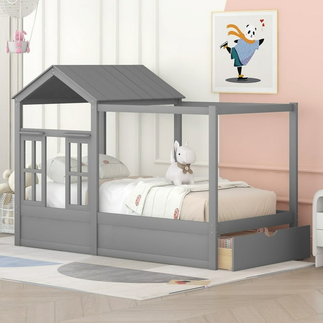 Twin House Bed, Wood Montessori Floor Bed with Drawer, Low Canopy Platform Bed Frame with Roof and Window, Playhouse & Space-Saving Design House Bed Frame with Slat for Kids Teens Boys Girls, Gray