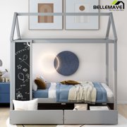 Twin House Bed for Kids, Toddler House Bed with Drawers and Blackboard, Kids House Bed Frame with Storage, No Bos Spring Need(Gray)
