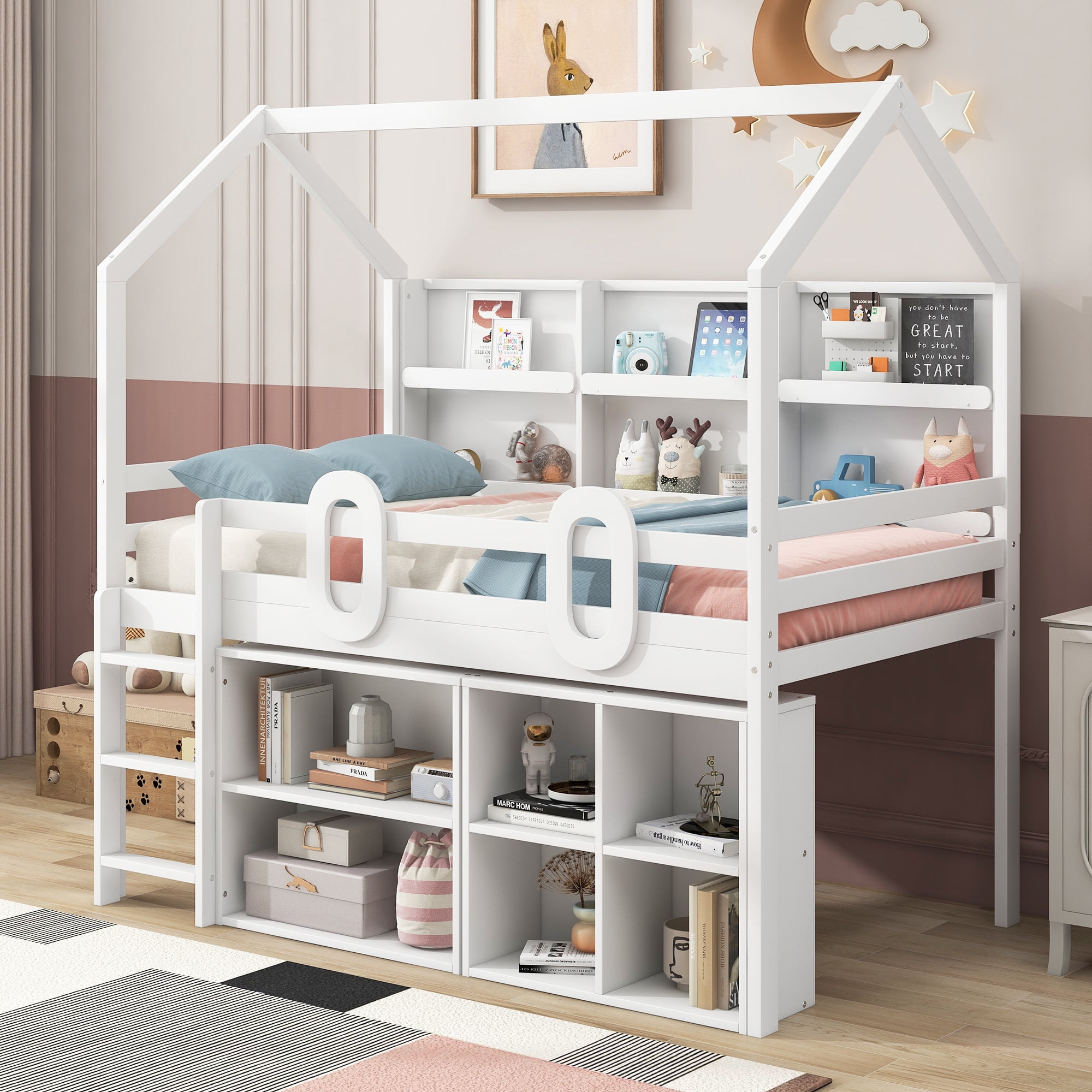 Twin House Bed with Multiple Storage Shelves, Solid Wood Loft Bed Frame ...
