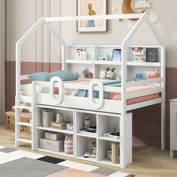 Twin House Bed with Multiple Storage Shelves, Solid Wood Loft Bed Frame with Safety Guardrail for Teenagers and Adults(White, Twin)