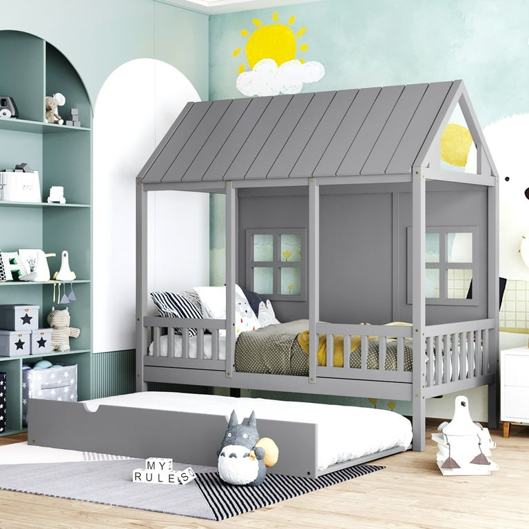 Churanty House Bed with Trundle Twin House Bed for Kids, Wooden Platform Bed Frame with Headboard and Roof for Girls Boys,Gray