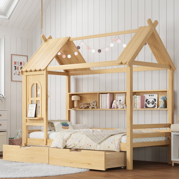 Twin House Beds with Storage Drawers and Window, Solid Wood House Platform Bed Frame with shelves, No Spring Box Needed, Natural