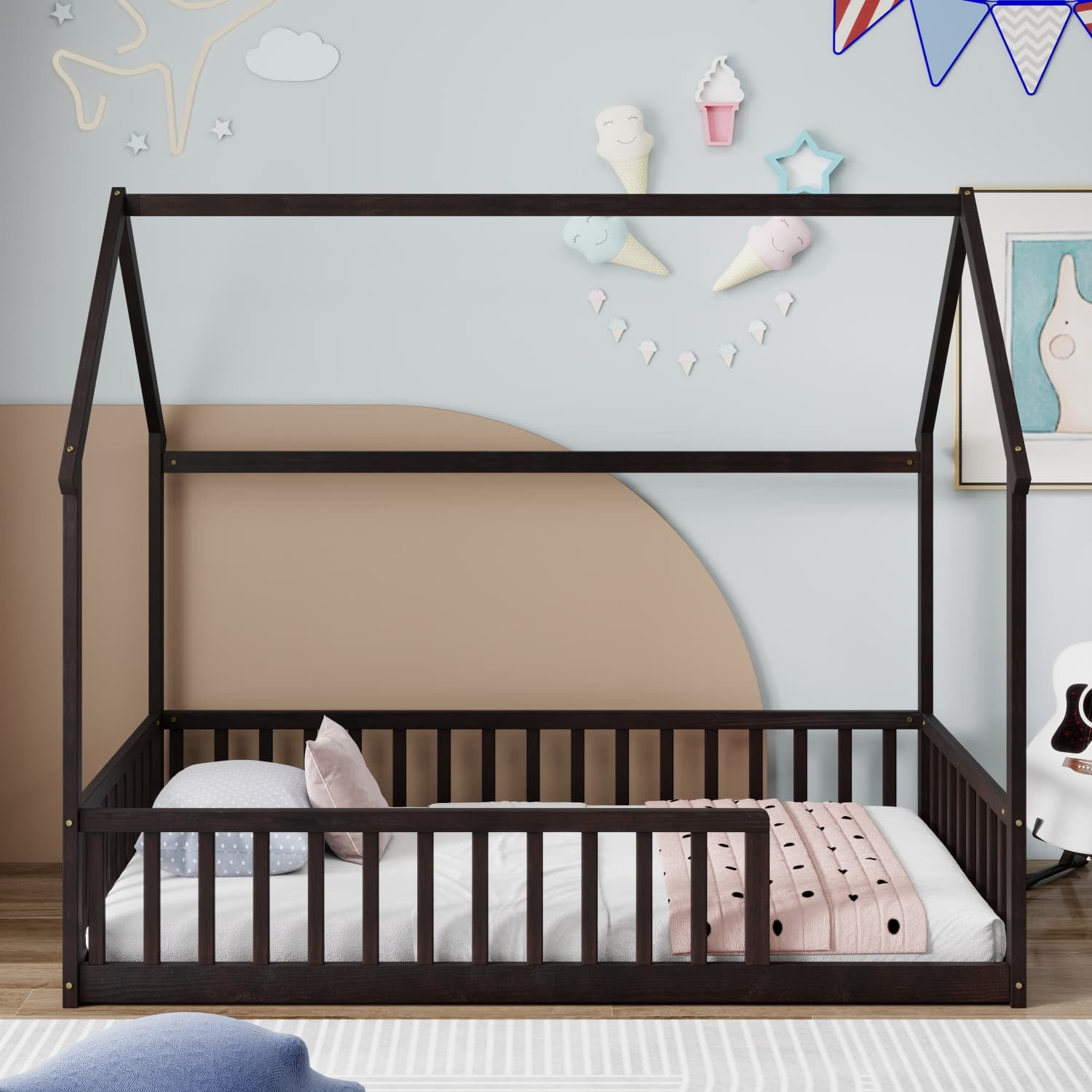 Twin House Floor Bed with Full Safety Fence, Solid Pine Montessori Kids Playhouse Bed Frame No Box Spring Needed Max 250 LBS for Toddler Nursery Bedroom