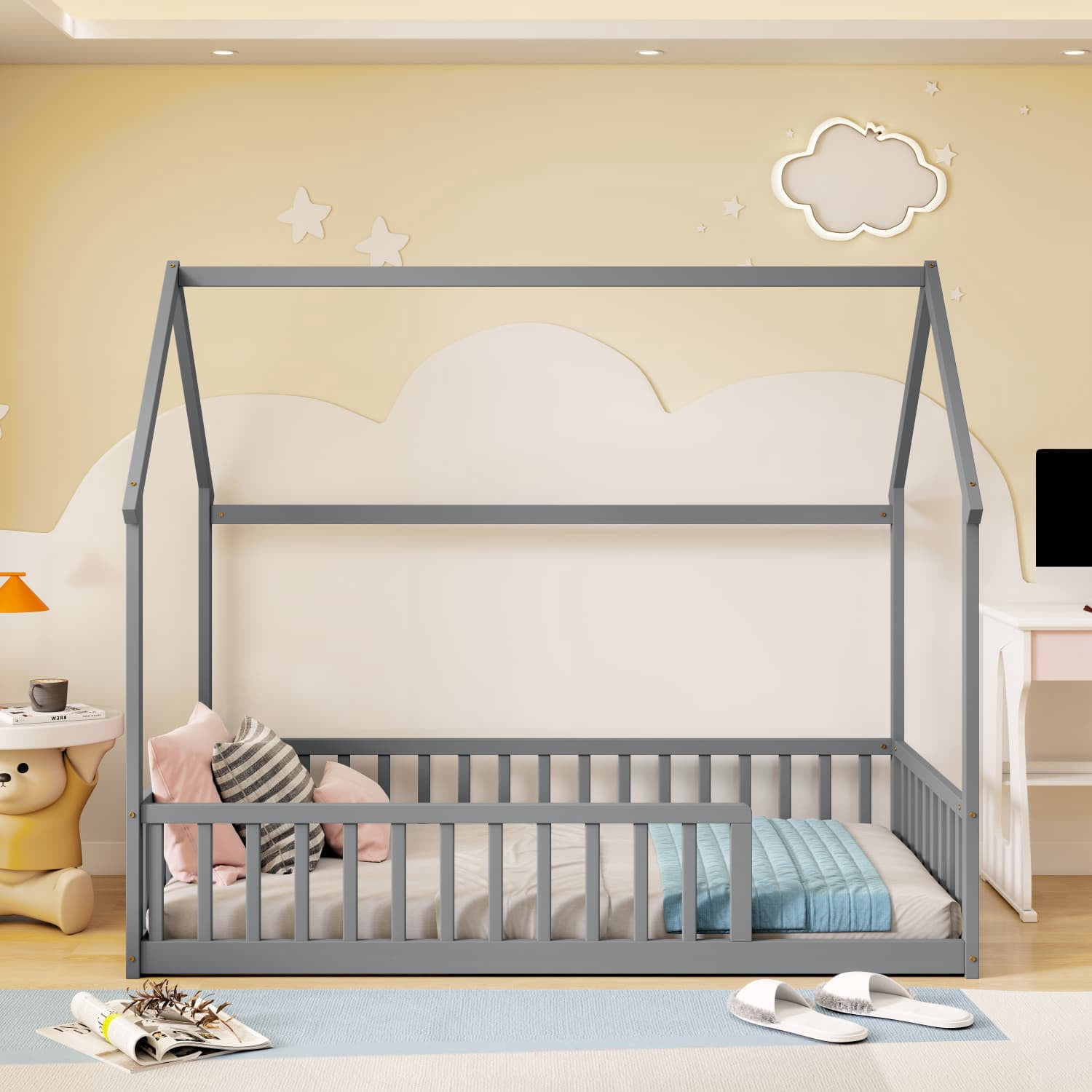 Twin House Floor Bed with Full Safety Fence, Solid Pine Wood Montessori Kids Playhouse Bed Frame No Box Spring Needed Max 250 LBS for Toddler Bedroom Nursery