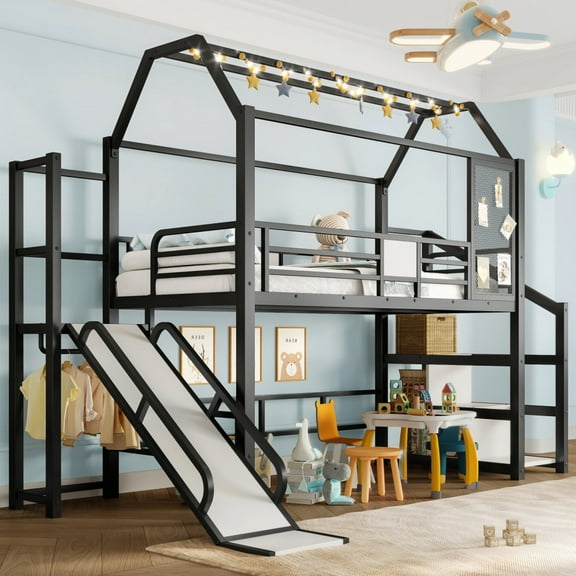 Twin House Loft Bed with Slide & Stairs - Metal Playhouse Bed, Storage Shelves, House-shaped Roof & Noise-free,Black