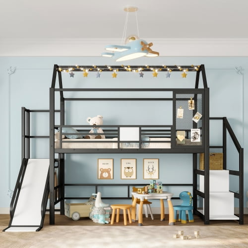 Twin House Loft Bed with Slide and Stairs, Metal Playhouse-Style Bed with Storage Shelves, House-Shaped Roof Design, Noise-Free Sturdy Frame, Black