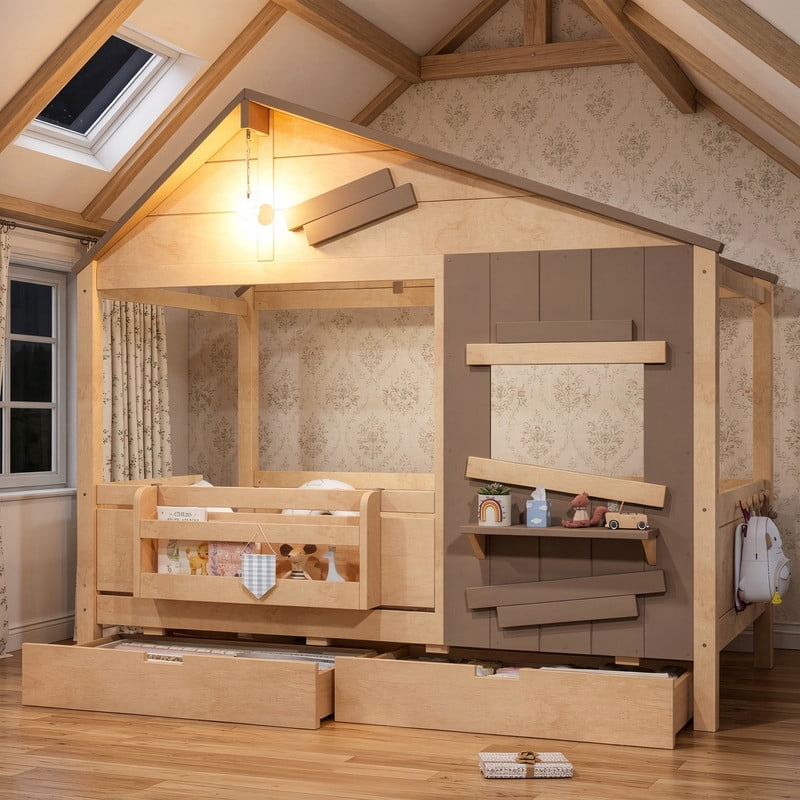 Twin House-Shaped Kid's Bed with Built-in Bookshelf & Light Bulb, Wooden Platform Bed Frame with 2 Drawers & 5 Round Hooks