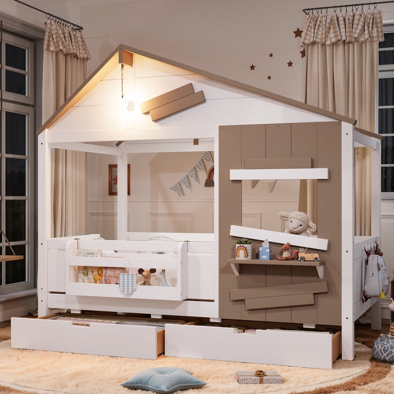 Twin House-Shaped Kid's Bed with Built-in Bookshelf & Light Bulb, Wooden Platform Bed Frame with 2 Drawers & 5 Round Hooks