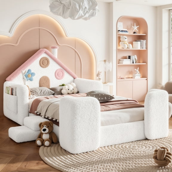 Twin House Shaped Upholstered Floor bed, Upholstered bed with Safety Side Rails, Solid Low Floor Playhouse Bed .White & Pink