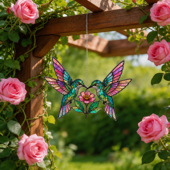 Twin Hummingbirds Acrylic Suncatcher Window Hanging Gift for Mom or Garden Lovers