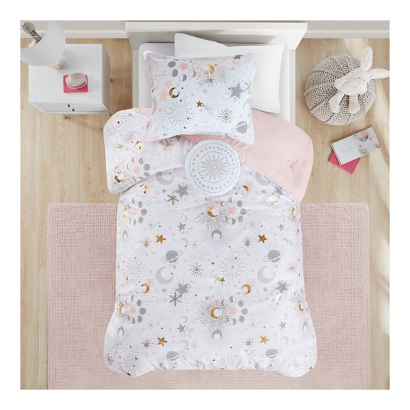 Twin Isabel Starry Sky Metallic Printed Kids' Comforter Set Blush/Gold: Hypoallergenic Microfiber Bedding