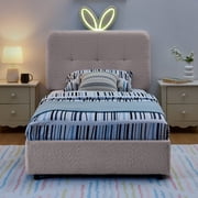 Twin Kids Bed with LED Lights and 4 Storage Drawers, Upholstered Boucle Bed Frame with Rabbit Ear Headboard, Platform Bed for Girls Boys Bedroom, Pink