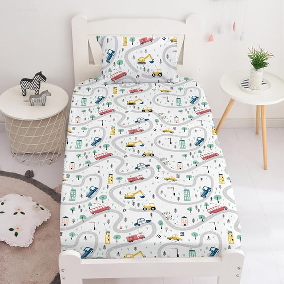 Twin Kids Fitted Sheets Road Traffic Themed Sheet and Pillowcases Set Cute Cartoon Truck Bed Boys Twin Sheet Set 2 Piece Bedding Decor SetNo Top Sheet
