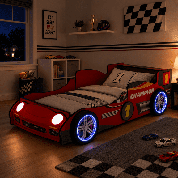 Twin Kids Racing Car Bed - Red Race Car Bed Frame for Boys with LED Wheel Lights, Headlights and Low Profile Design