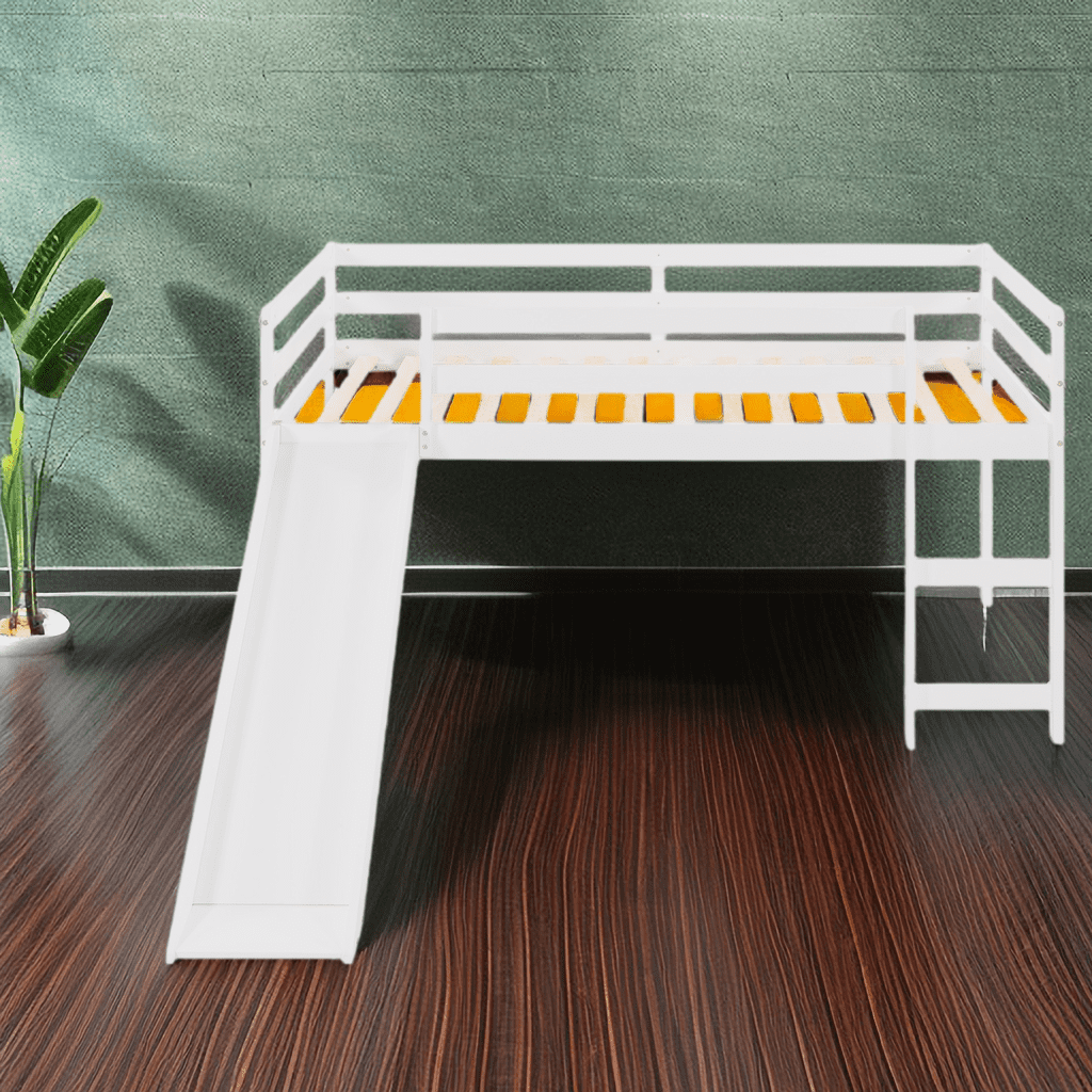 Twin Kids Wood Loft Bed with Slide Low Loft Bunk Bed for Juniors,Boys