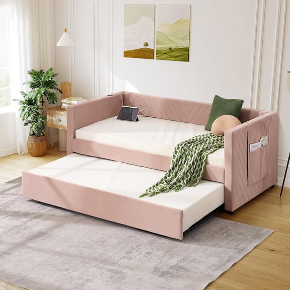 Twin to King Daybed with Pull Out Bed Trundle, Modern Upholstered Tufted Day Beds Frame,  Velvet with USB Charging Ports & Side Pocket, No Box Spring Needed, Space Saving for Guest Room (Pink)