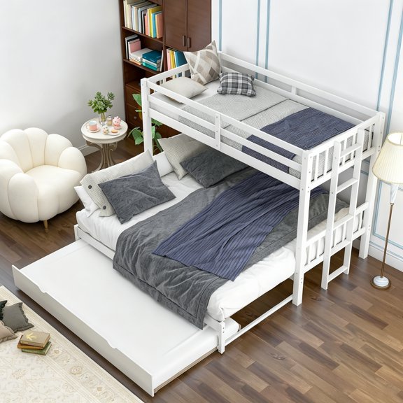 Twin Over King Size Bunk Beds Solid Wood with Trundle, Ladder and Safety Rail, Bunk Bed Frame Accommodate 4 People, Extendable, No Spring Box Needed, White