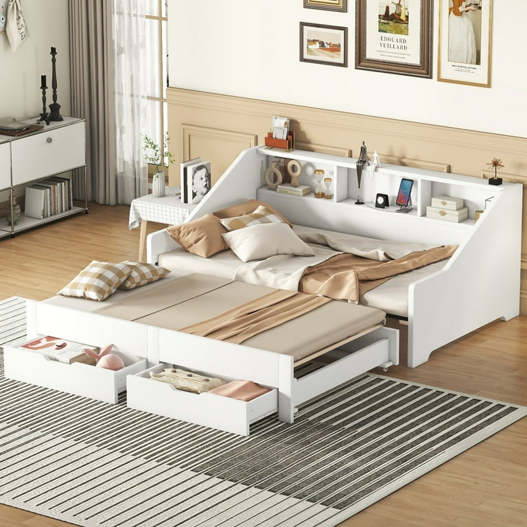 Twin to King Size Daybed with Trundle Extendable Platform Bed with Storage Headborad 2 Drawers and Charging Station Wooden Sofa Bed Frame with