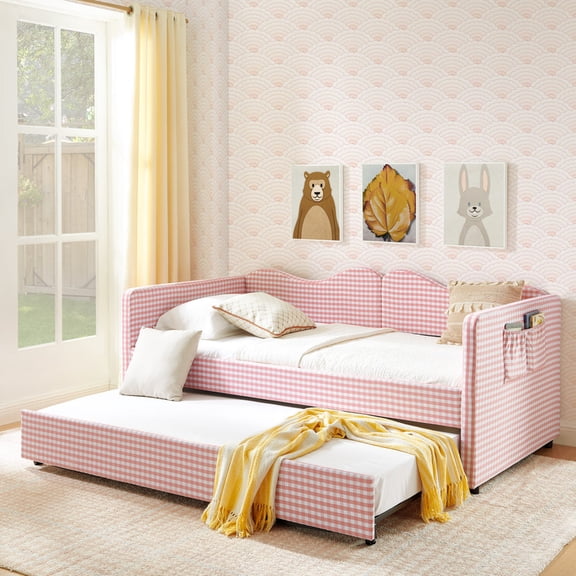 Twin to King Size Daybed with Trundle, Gingham Upholstered Day Bed Frame with Side Storage Pocket and Wave Backrest, Sofa Bed Frame for Bedroom, No Box Spring Needed
