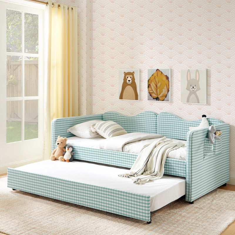 Twin to King Size Daybed with Trundle, Gingham Upholstered Day Bed Frame with Side Storage Pocket and Wave Backrest, Sofa Bed Frame for Bedroom, No Box Spring Needed
