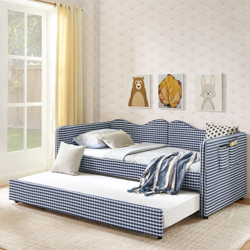Twin to King Size Daybed with Trundle, Gingham Upholstered Day Bed Frame with Side Storage Pocket and Wave Backrest, Sofa Bed Frame for Bedroom, No Box Spring Needed