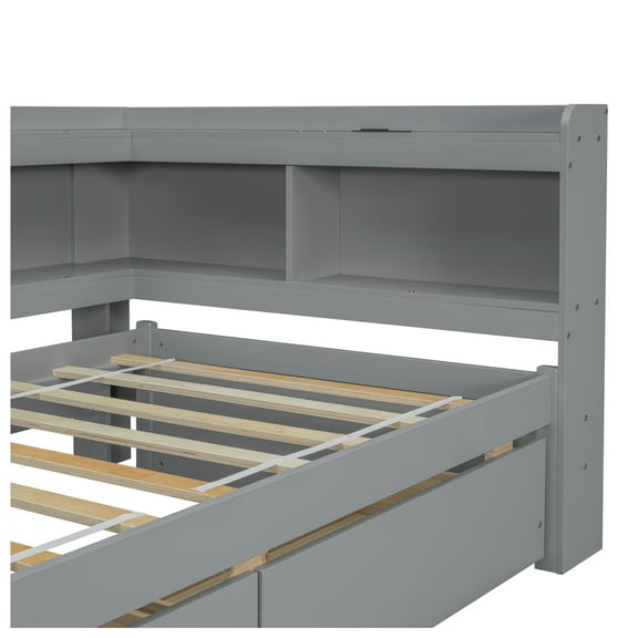 Twin L-Shape Bookcase Bed with Power & USB, 2 Drawers, Gray